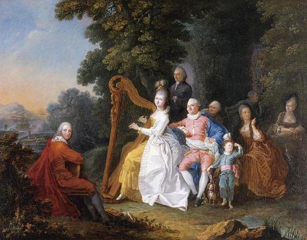 unknow artist An elegant party in the countryside with a lady playing the harp and a gentleman playing the guitar Spain oil painting art